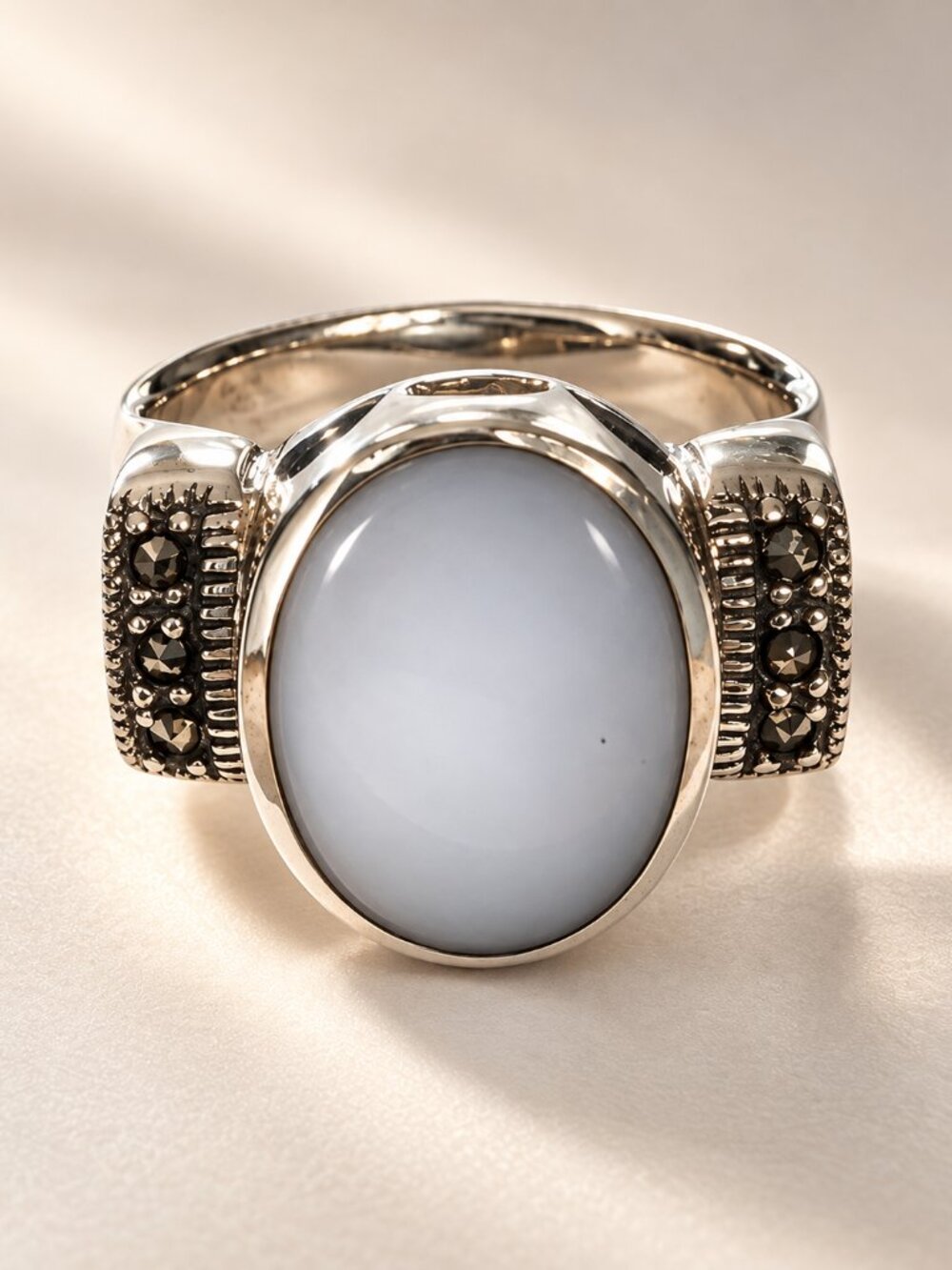Vintage Sterling Silver Oval Cabochon Cocktail Ring Marcasite Size 8.25